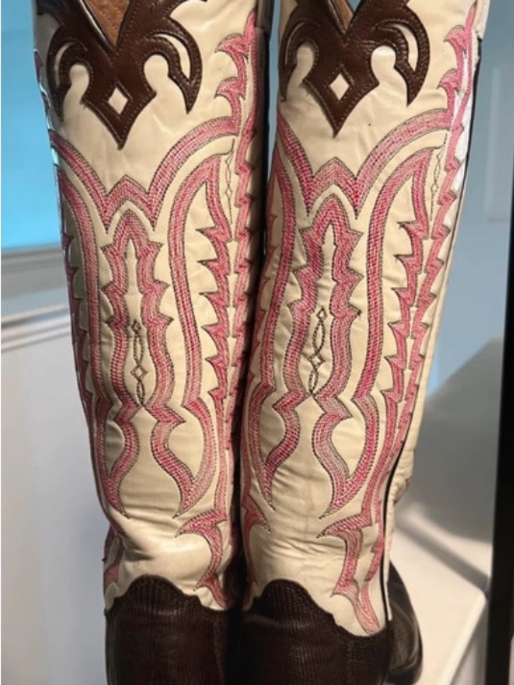 Stylish Cream and Pink Embroidered Western Boots - Nocona Boots